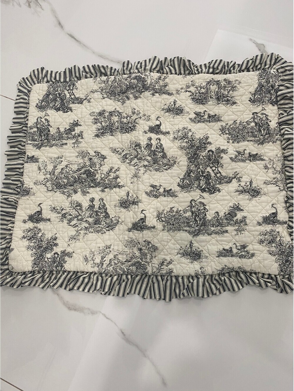 Quilted Cotton Pillow Sham with Toile de Jouy Pattern and Ruffled Edge
